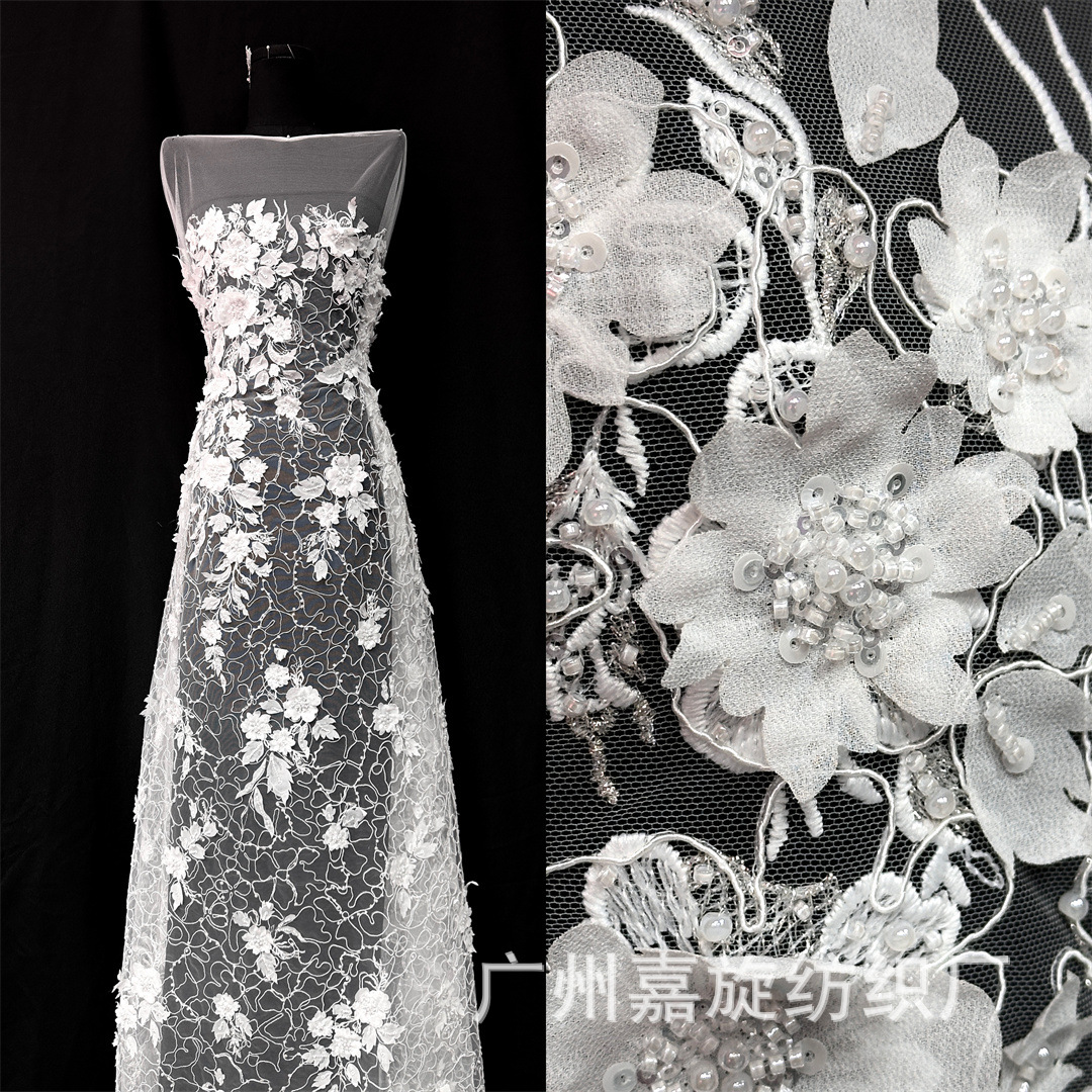 Tela de bordado irregular con patrones de cuerda para comercio exterior + apliques tridimensionales de cuentas y tubos, tela blanca para vestido de novia francés y qipao