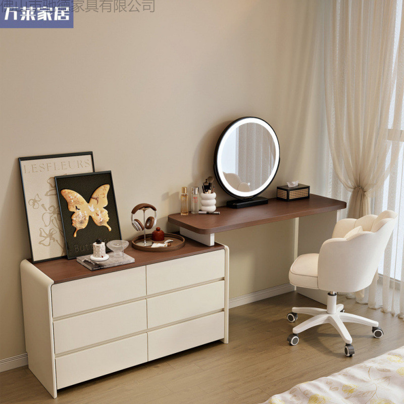 2025 New Model Bedroom Dressing Table and Chest of Drawers Integrated Solid Wood Makeup Table, Simple Modern Walnut Wood, Vintage Cream Style