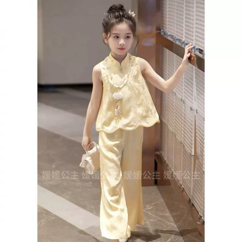 新款可代发女童套装夏季新款儿童中国风中大童女孩洋气背心两件套