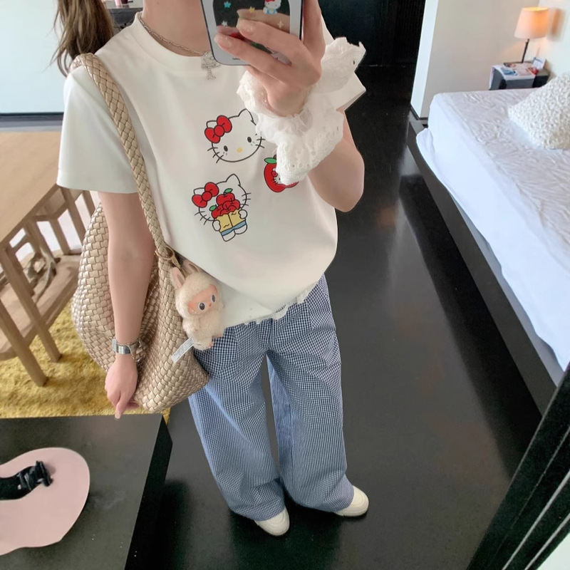 Niche Short-Sleeved t Red Apple Post Office Sweet Kitty Print Right Shoulder T-Shirt 2025 Summer Women's Korean Top Niche Short-Sleeved t Red Apple Post Office Sweet Kitty Print Right Shoulder T-Shirt 2025 Summer Women's Korean Top