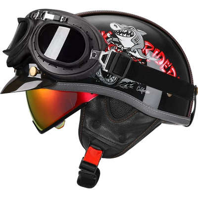 Electric Motorcycle Helmet Japanese Scoop Helmet, Motosiklet kaskı (dəbilqə) - bright-black-shark-bully-aurora-red-mirror-black-frame-mirror-m
