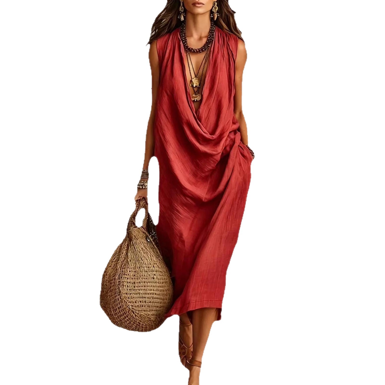 2026 European and American Cross-Border Amazon Women's Casual Sleeveless Loose Swing-Neck Beach Vacation Style Dress