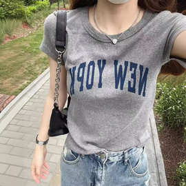 BM女装美式新款棉圆领深灰色Newyork短袖T恤夏季修身上衣