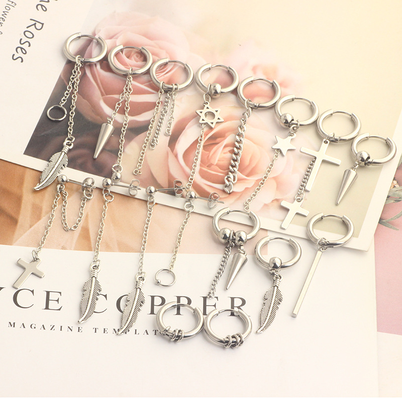 17-Piece Stainless Steel Fashion Earring Set - Black Geometric Hip Hop Earrings for Men detail image 8