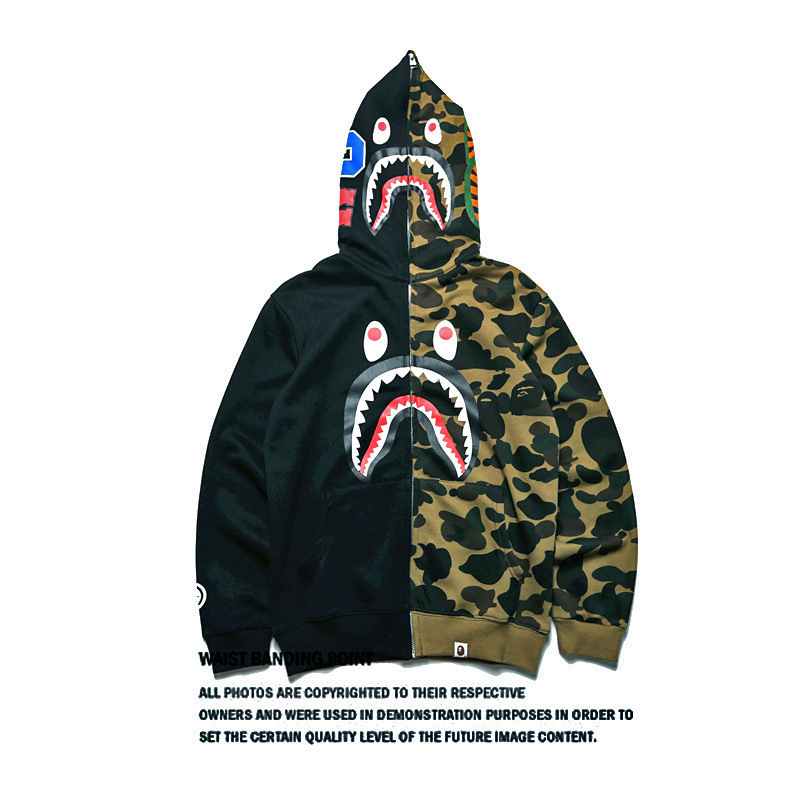 2025 [健康布] 3D デジタル印刷 Bape ブランド シャークヘッド スウェットシャツ メンズ カップル ジッパー カーディガン ベルト付き|undefined
