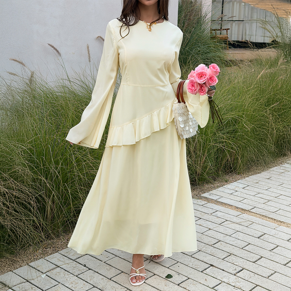 Elegant Fairy Like Women's Dress European American Style Water Sleeve Patchwork Design Spring Summer_ecoleips.com