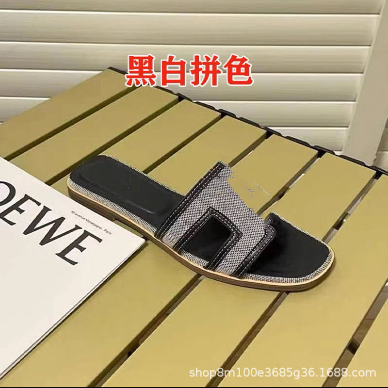 鼎羊皮の新型真皮平底ネット赤同タイプのスリッパ女性夏外着一字引きビーチカジュアル太さと涼しさ引き