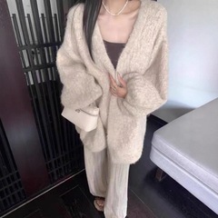 韩系秋冬新款针织开衫女宽松软糯纯色灯笼袖慵懒风大码毛衣外套女