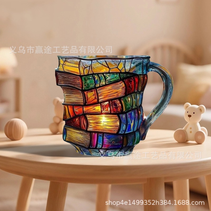 跨境创意堆叠彩绘书杯马克杯摆件高级感小众树脂桌面咖啡杯工艺品|undefined