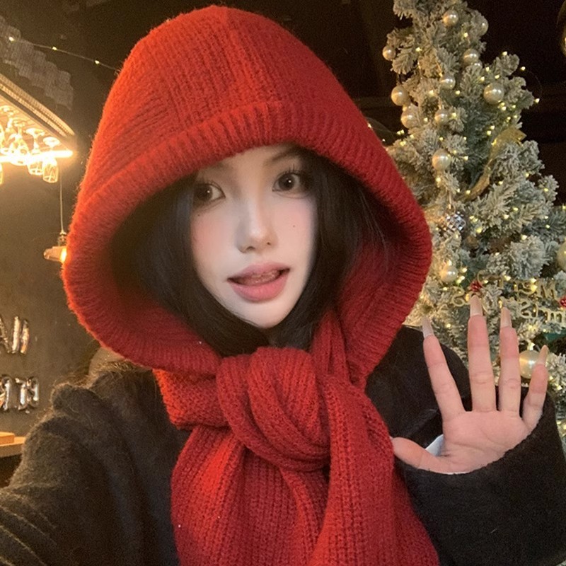 赤い目出し帽女性の秋と冬暖かいウールの帽子スカーフオールインワンフード付きスカーフニット帽子冬|undefined