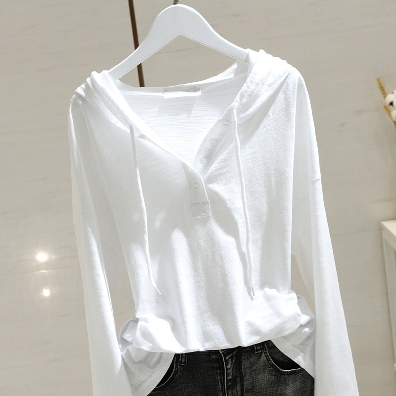 White Hooded Long-sleeved T-shirt Women's 2025 Spring and Autumn New Loose Slim Slub Cotton Base Shirt Top Trendy