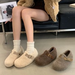 2025新款复古皮带扣毛毛鞋女外穿加绒保暖棉鞋厚底休闲毛呢懒人鞋