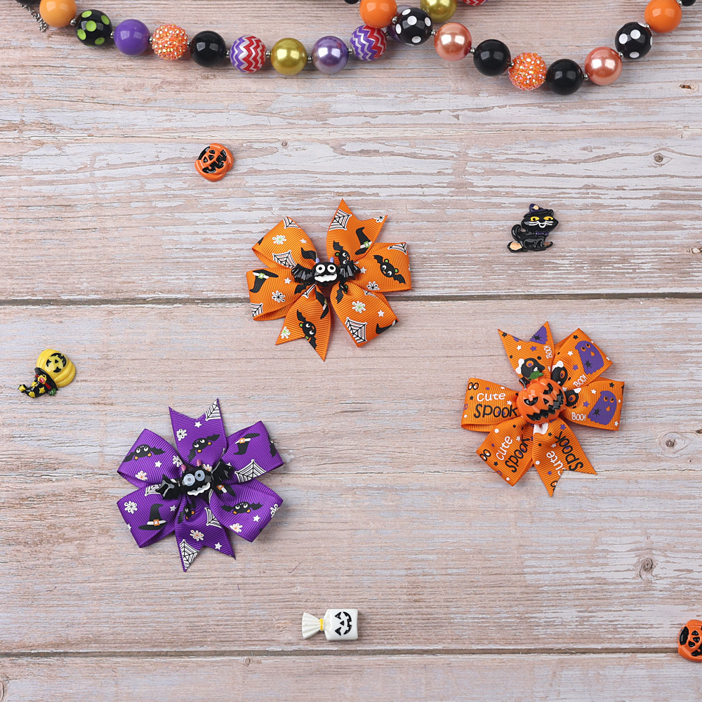 Kid'S Gender Bowknot Design Halloween Funny Halloween Pattern Rib Ribbon Party Hairpin