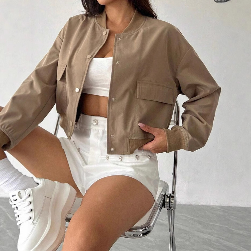 Women's Casual Solid Color Drop Shoulder Loose Flap Pocket Short Lightweight Baseball Tops