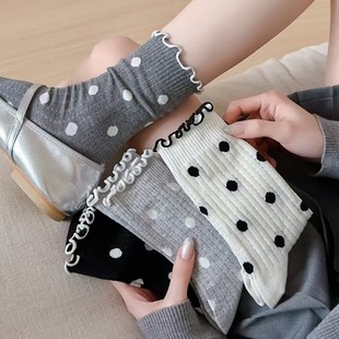 Korean-Style Cute Small Polka Dot Mid-Calf Socks, Sweet Ruffle Socks, Spring and Autumn Versatile Solid Color College Style Slouch Socks