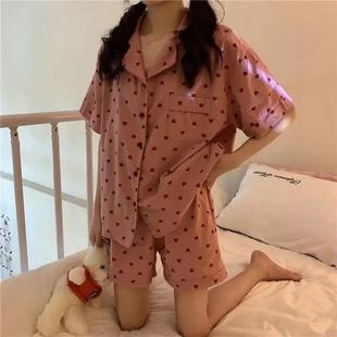 ins Popular Heart pajamas Women's Summer Short-sleeved Shorts Thin Cardigan Suit Cute Girl Home Clothes Kapamamas