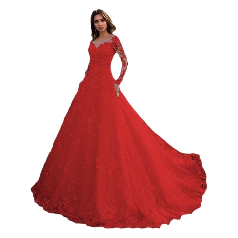 Vestido de Novia Shengcai 2025 Primavera, Estilo Europeo y Americano, Manga Larga, Hombros Descubiertos, Encaje 8801