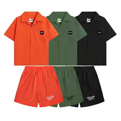 Gallery Dep Tide Slogan Patch Flap Pocket Pants Pure Color Short-Sleeved Shirt Loose Casual Shorts Couple Set