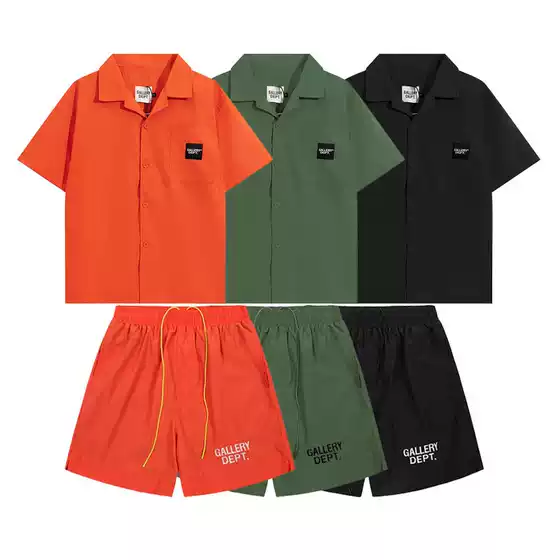 Gallery Dep Tide Slogan Patch Flap Pocket Pants Pure Color Short-Sleeved Shirt Loose Casual Shorts Couple Set