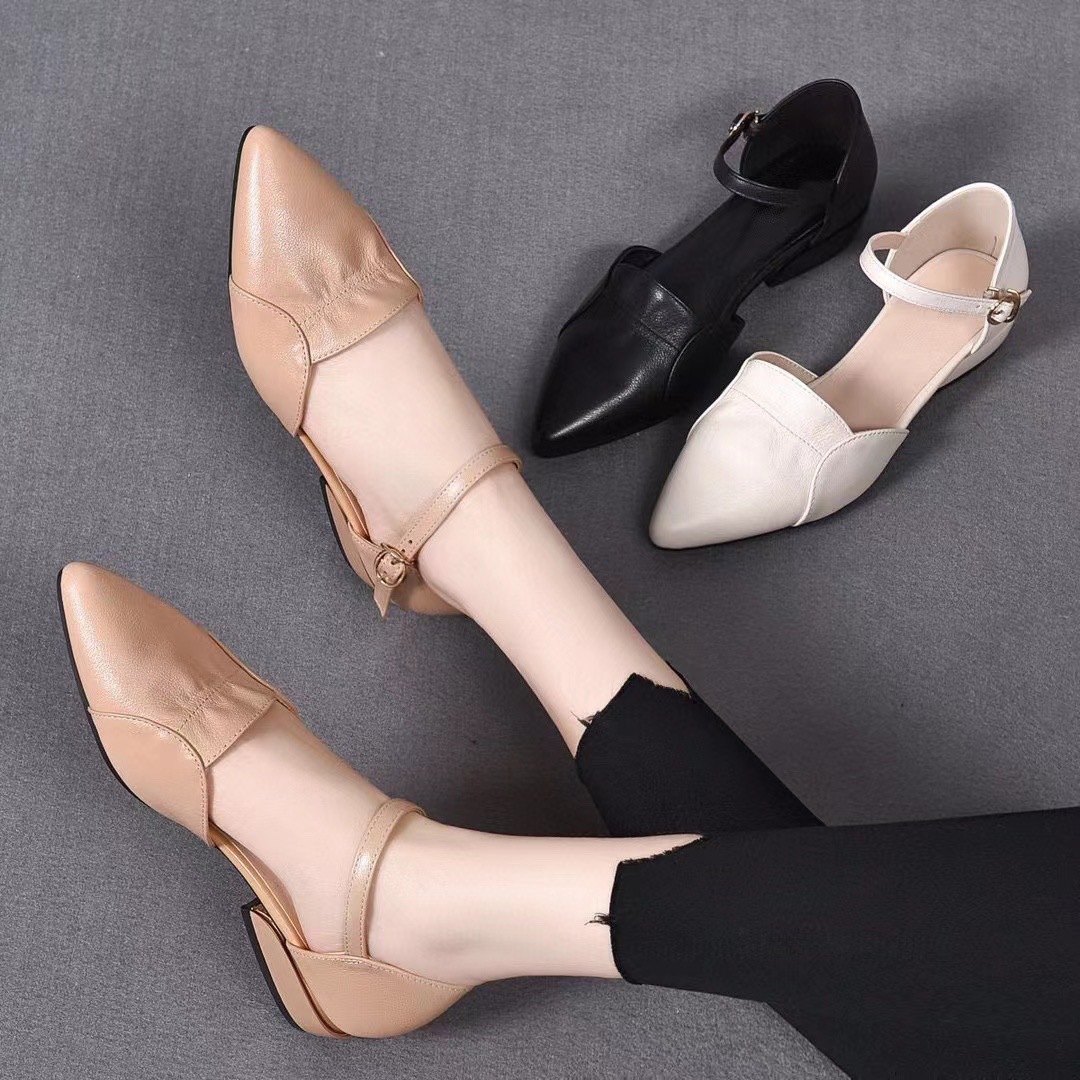 Sandal da nữ mũi kín gót vuông 2,5 cm kiểu dáng nông khoét lỗ đế mềm — Gót 2,5 cm màu trắng Be
