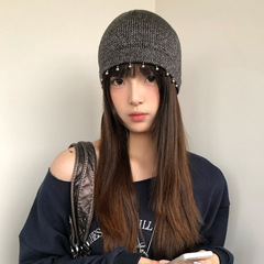 韩系高级感手工钉珠针织帽子女秋冬季ins风显脸小冷帽纯色毛线帽
