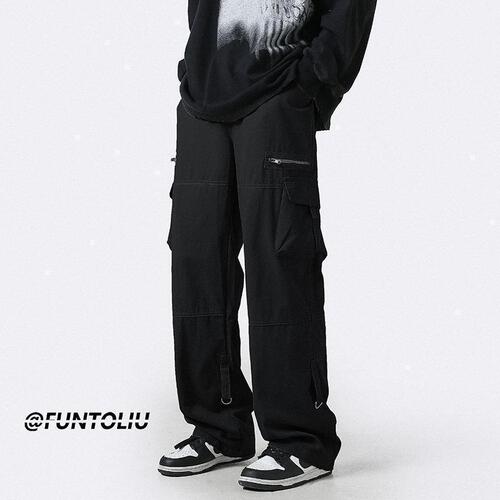 Light Green Multi-Pocket Work Pants for Men, Autumn Japanese Trend Straight Leg Loose Casual Pants, Unique Zipper Floor-Length Pants