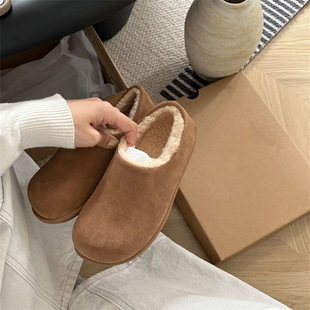 Winter New fleece-lined Slippers 2024 Suede Vintage All-match Fluffy Shoes Toe Flat Warm Slip-on Slippers