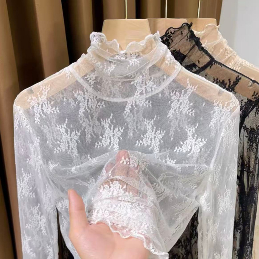 White high-neck lace inner layer top for women, new style, high-end and fashionable, with ruffled mesh trim.