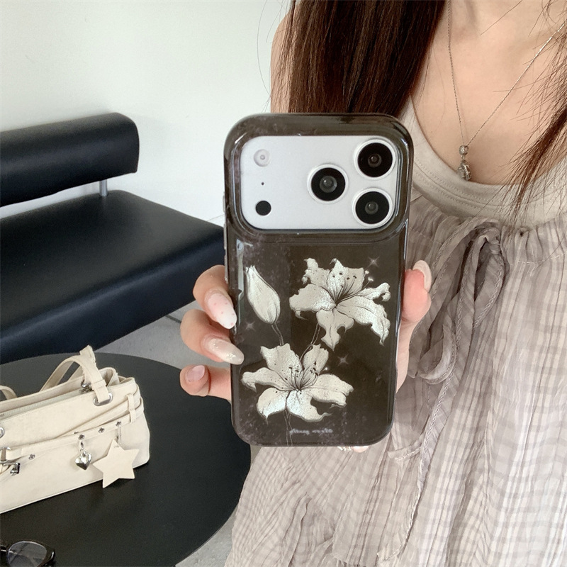 Vintage splash-ink black watercolor lily case suitable for iPhone 17 Pro Max, Apple 16, 15, double-layer for women Vintage splash-ink black watercolor lily case suitable for iPhone 17 Pro Max, Apple 16, 15, double-layer for women