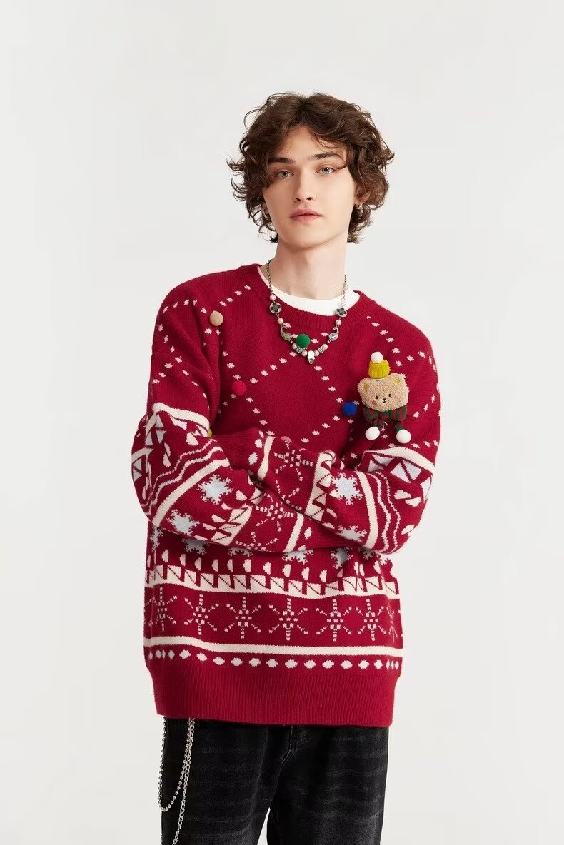 Men's Sweater Knitted Pullover Round Neck Autumn Winter Red Tops_voghion.com