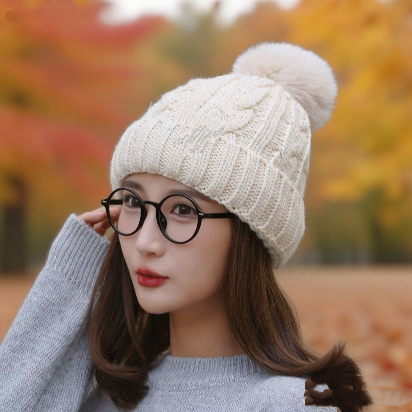 Cappello lavorato a maglia caldo foderato in pile, per ciclismo all'aperto, all'ingrosso, in filato spesso, con pompon, per autunno e inverno, da donna_voghion.com