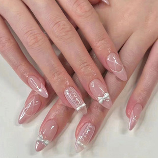 Wearable nail piece sweet girl French pink nail bow pearl interlaced almond-shaped wearing nail wholesale
