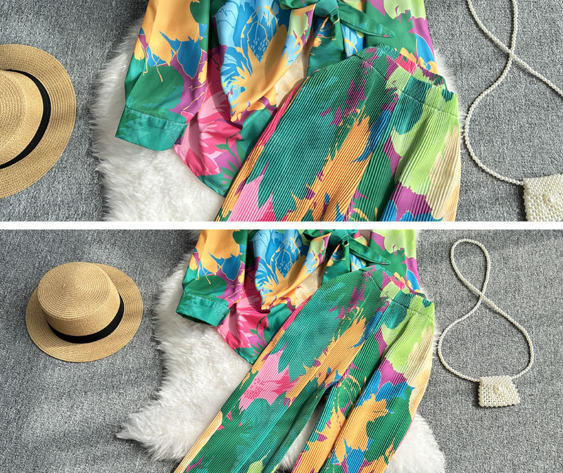 Women's Clothing Fashion suit women's casual loose long sleeved single breasted shirt two piece set high slimming tie dye printed wide leg pants_voghion.com