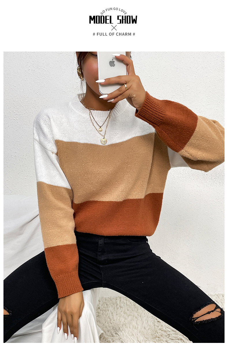 Farbblockierter, lässiger, lockerer Pullover mit langen Ärmeln_voghion.com