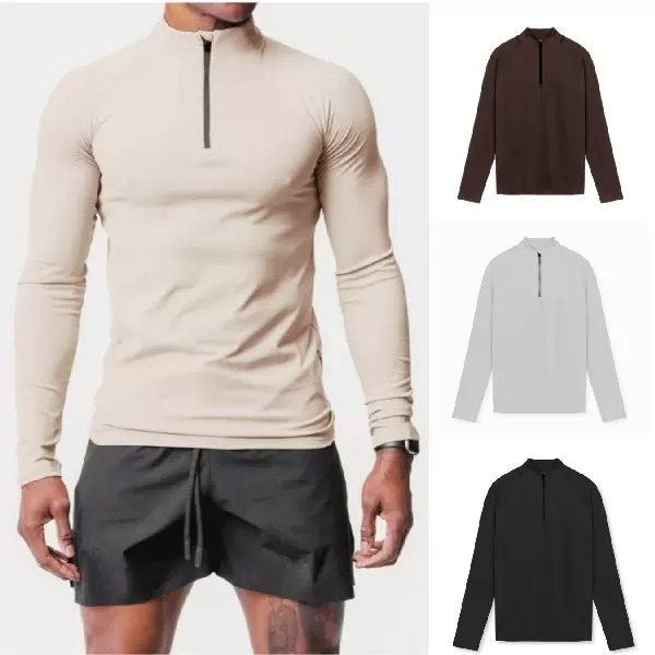 新款纯色运动健身衣男式德绒小高领半拉链训练长袖t恤跑步休闲衣