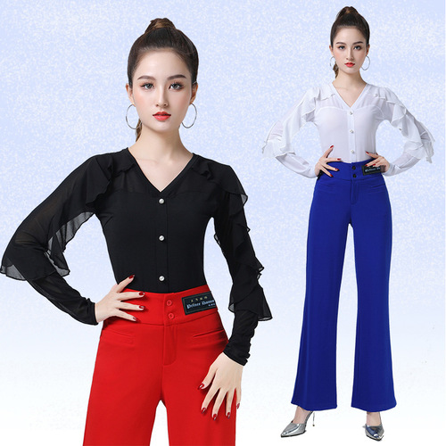 Square dance modern dance tops new women's black red lotus leaf long-sleeved tops elegant Jitterbug Latin dance clothes
