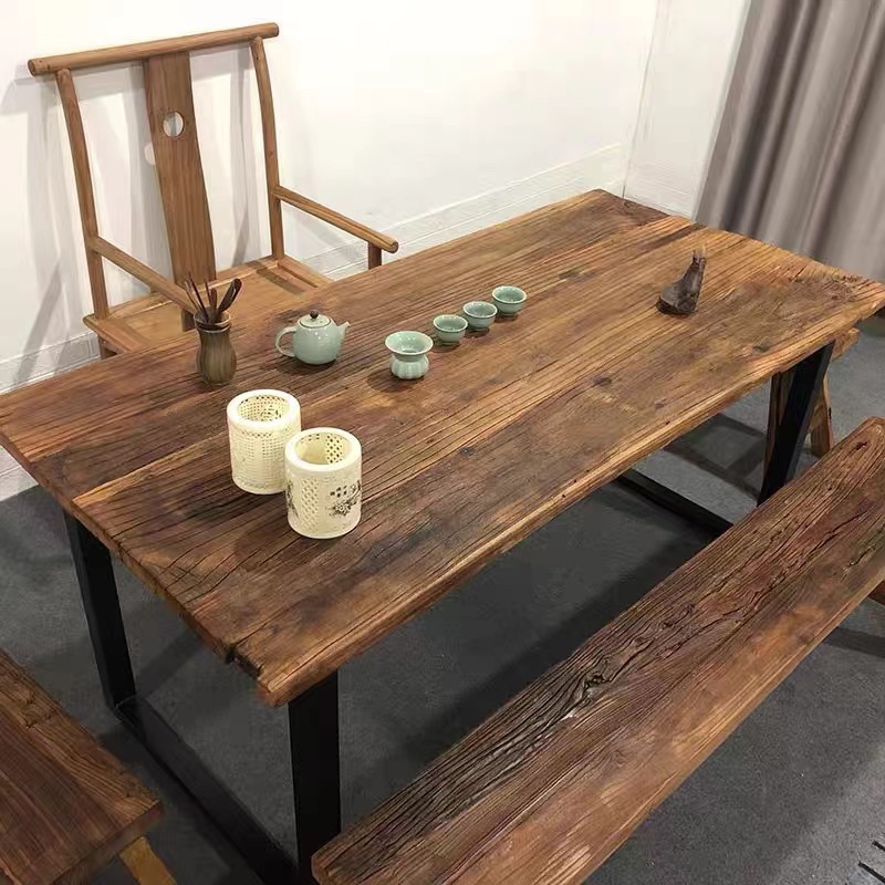 北方老榆木桌面餐桌餐椅组合新中式老榆木凳子民宿酒店实木餐桌