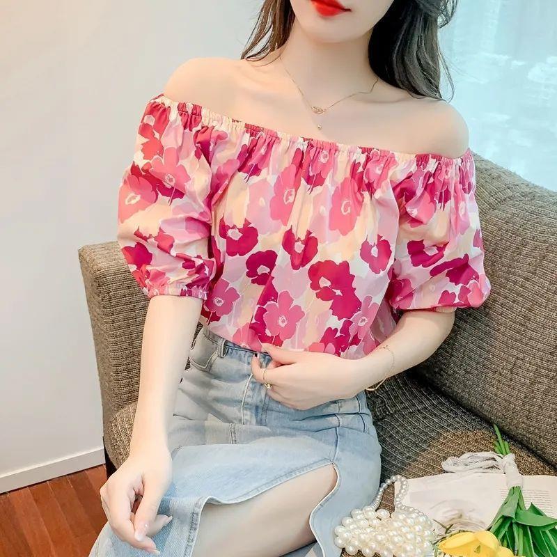 甜美一字领碎花雪纺衫女短袖夏季减龄遮肉显瘦上衣露肩泡泡袖小衫