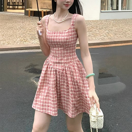 Yiyao Sweetheart Shirley Rose Korean Dress Women's Summer Sweet and Playful Girly Plaid A-Line Skirt