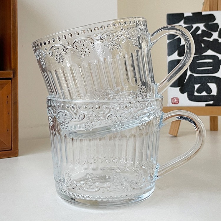 Taza de vidrio con tapa cuchara taza de leche con mango taza de café de alto aspecto hogar Retro en relieve taza de desayuno de avena