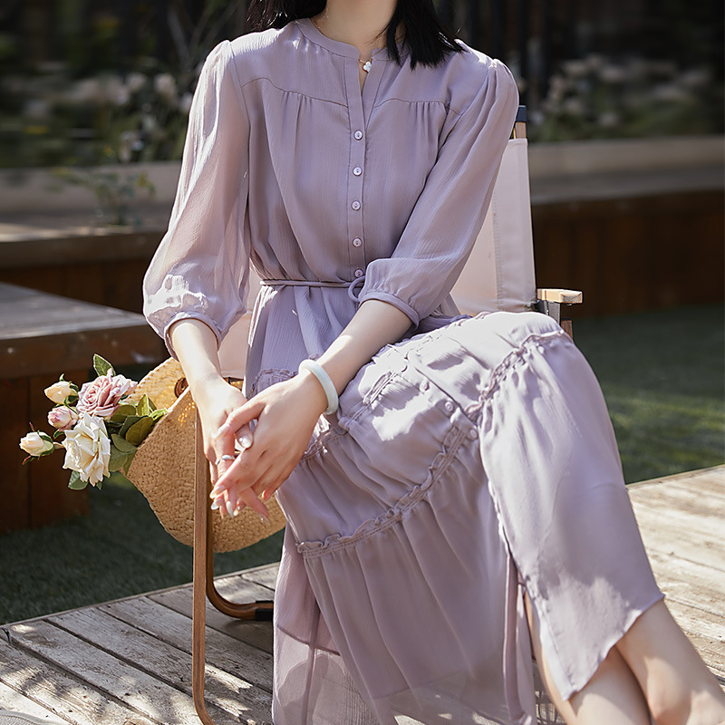 Elegant and Gentle Style, Mulberry Silk Long Skirt, Lace-Up Silk Dress, Women's Summer High-End Fashion, Youthful Feel