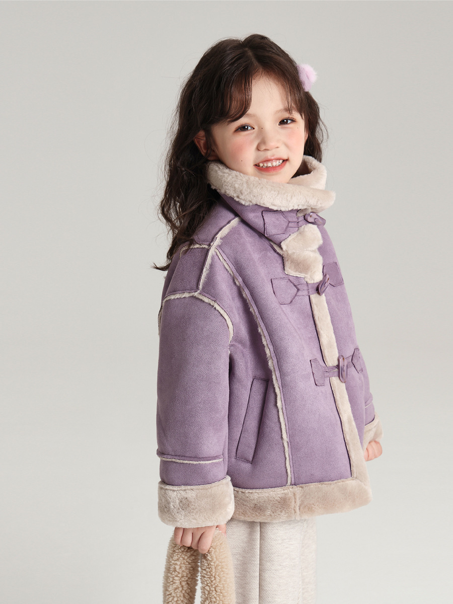 プディングハル女児用裏起毛ジャケット2025冬新作子供用おしゃれ裏起毛厚手ホーンボタンジャケット
