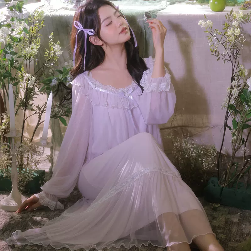 浪漫仙柔桃型领露锁骨网纱睡衣长裙宽松舒适蕾丝织带拼接鱼尾裙摆