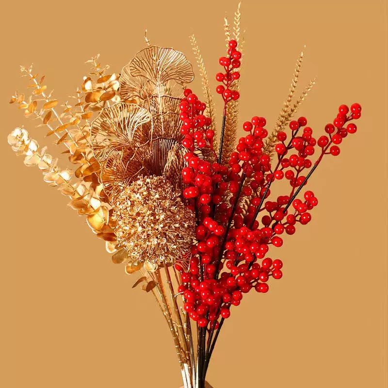 发财果金色花材年宵花福桶插花尤加利婚庆装饰仿真花束仿真叶材