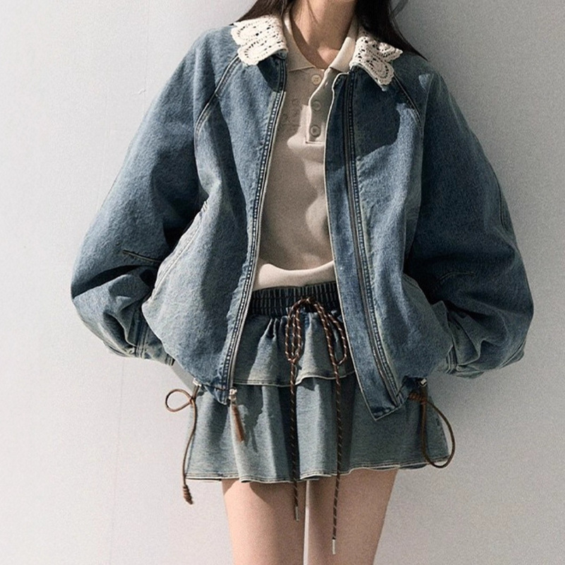 Autumn and Winter Handmade Crochet Distressed Loose Jacket Casual Jacket Retro Cool Style Short Bud Denim Jacket for Women
