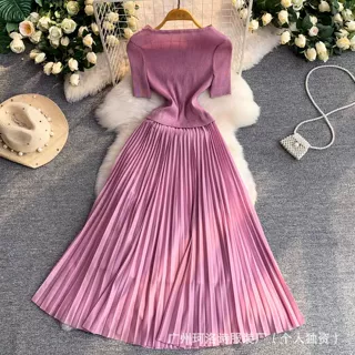 女士礼服裙女优雅风金属装饰斜切领连衣裙收腰荷叶边百褶长裙