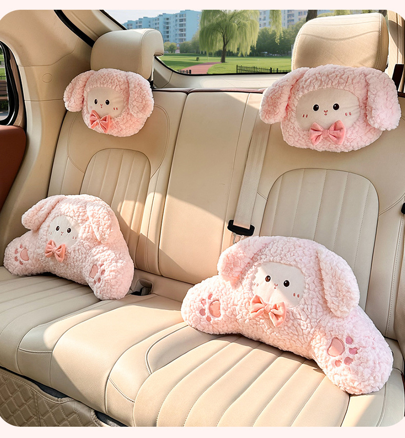 Cute Car Headrest and Lumbar Support, Comfortable Car Neck Pillow, Cartoon Creative Plush Bunny Car Lumbar Support Pillow