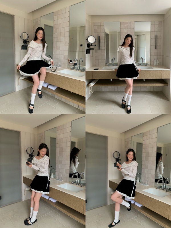 诠释美 NEWOPEN 25秋法式甜美减龄荷叶领修身波点长袖衬衣女F6118|undefined