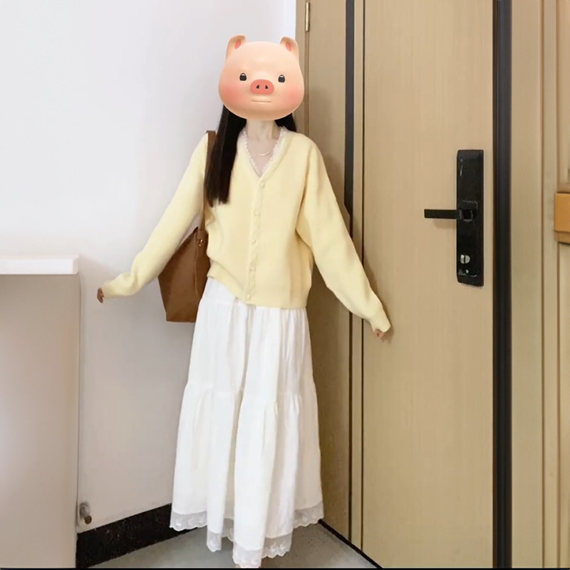 Sweet and Cute Bow White Sling dress Women's Cream Yellow Knitted Cardigan Sweater Jacket Two-piece Suit