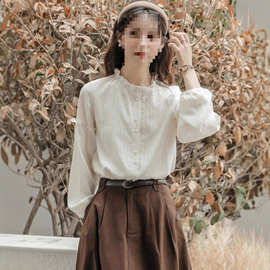 盐系新款穿搭内搭女打底衫长袖年木耳衬衫2025立领上衣早秋法式